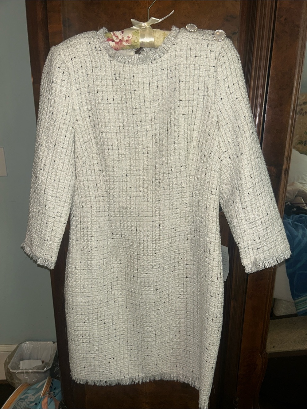 Eliza J Ivory Tweed Long Sleeve Shift Dress